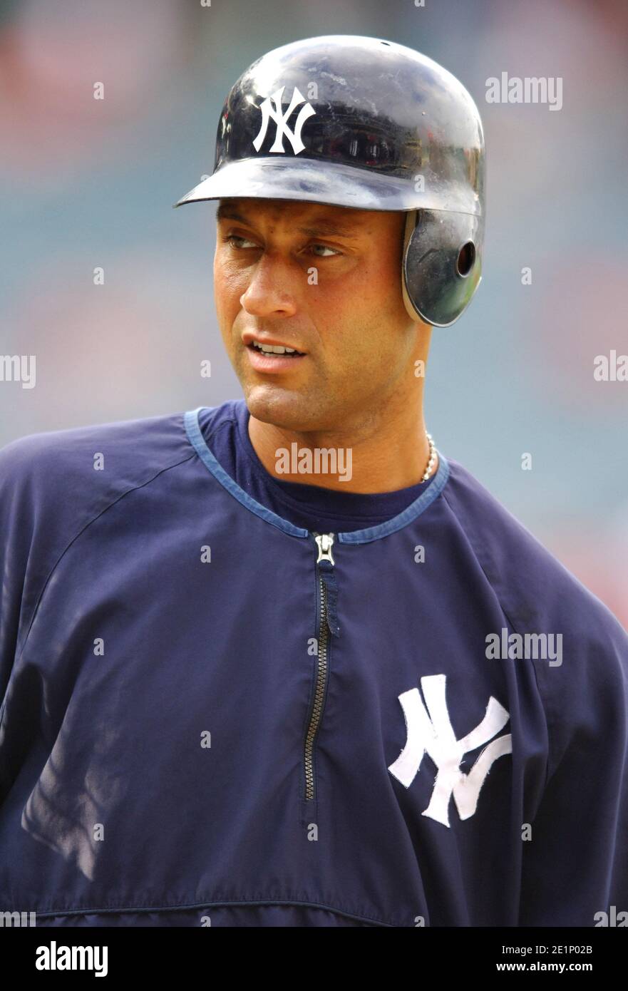 Derek Jeter of the New York Yankees during batting practice before game against the Los Angeles Angels of Anaheim at Angel Stadium in Anaheim, Calif. Stock Photo