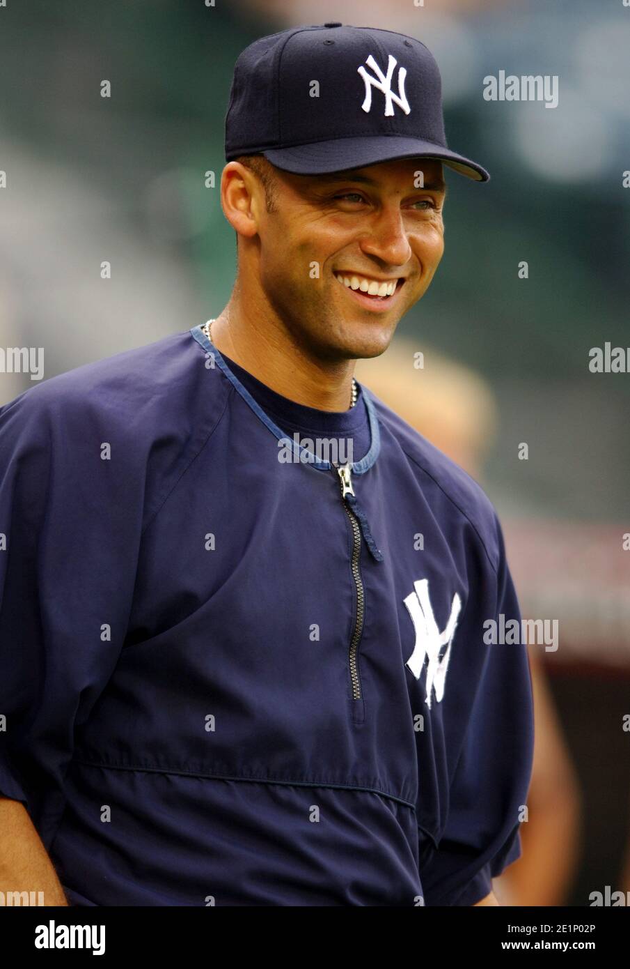 Derek Jeter of the New York Yankees during batting practice before game against the Los Angeles Angels of Anaheim at Angel Stadium in Anaheim, Calif. Stock Photo