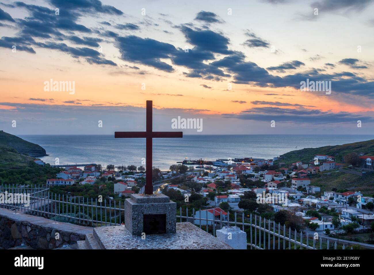 Sunset at the cemetery of Agios Efstratios ('Ai Stratis') island ,North Aegean, Greece. Stock Photo