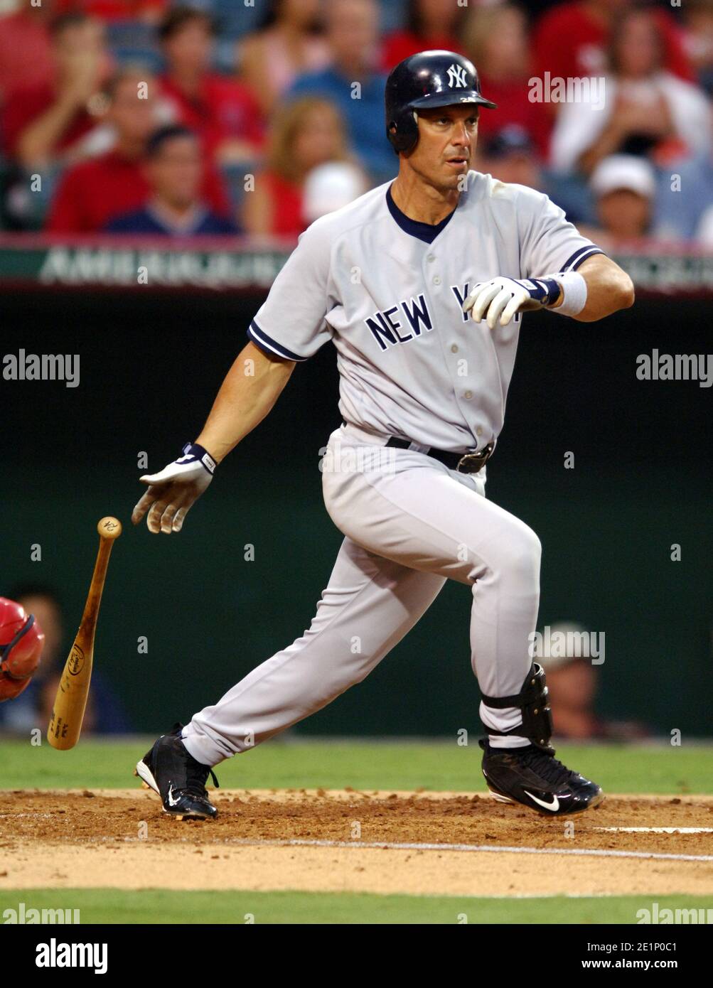 Tino Martinez of the New York Yankees bats during 8-6 loss to the Los Angeles Angels of Anaheim at Angel Stadium in Anaheim, Calif. on Saturday, July Stock Photo