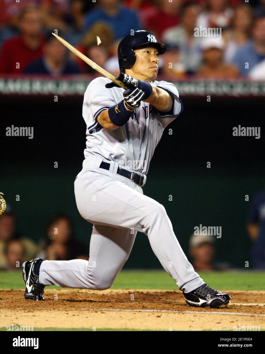 Hideki Matsui of the New York Yankees shatters bats during 8-6 loss to the Los Angeles Angels of Anaheim at Angel Stadium in Anaheim, Calif. on Saturd Stock Photo