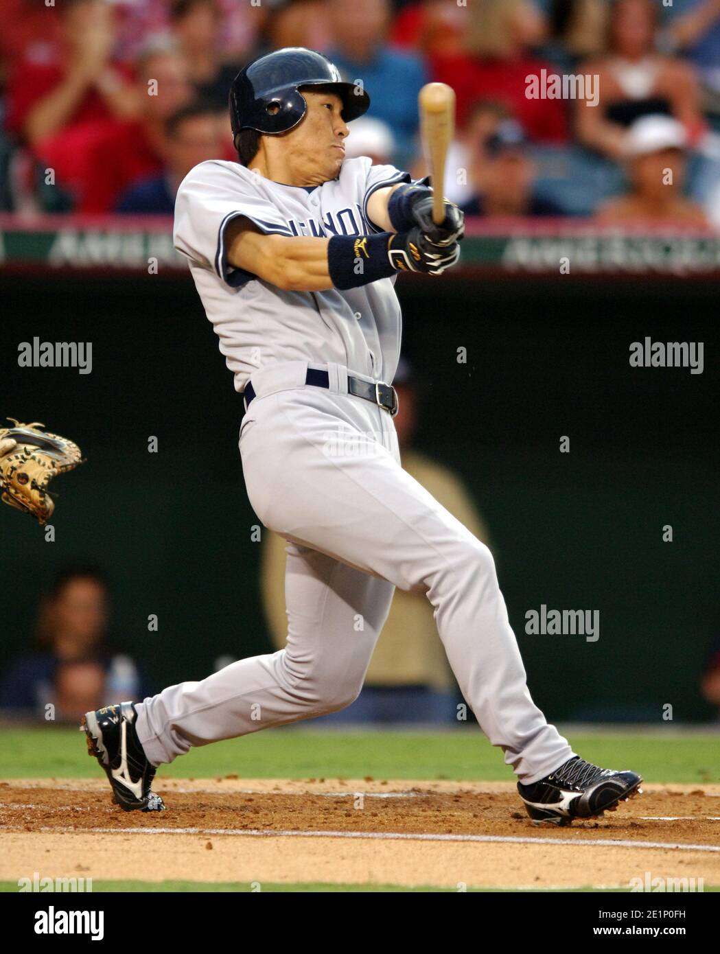 Hideki Matsui of the New York Yankees bats during 8-6 loss to the Los Angeles Angels of Anaheim at Angel Stadium in Anaheim, Calif. on Saturday, July Stock Photo