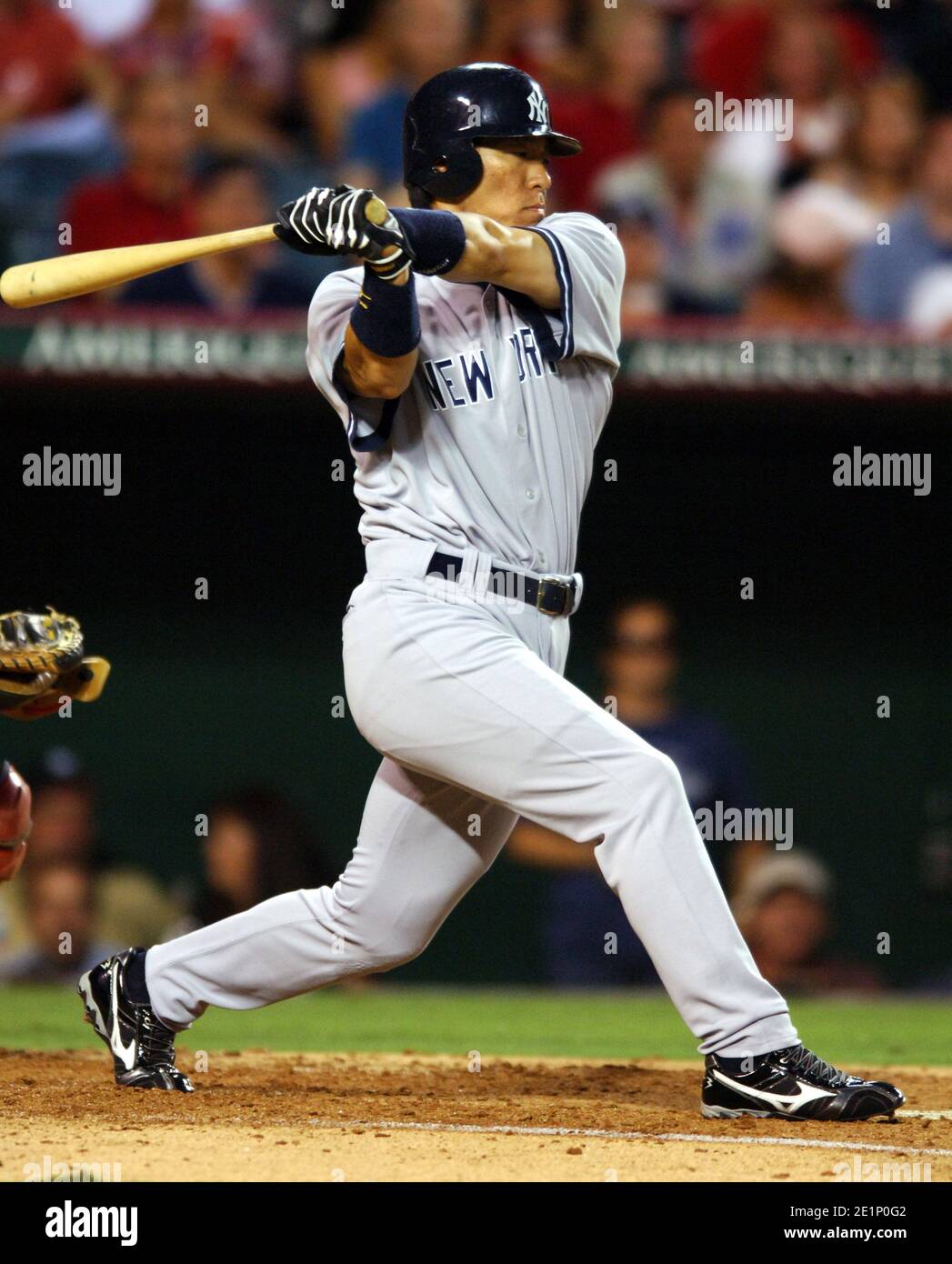 Hideki Matsui of the New York Yankees bats during 8-6 loss to the Los Angeles Angels of Anaheim at Angel Stadium in Anaheim, Calif. on Saturday, July Stock Photo