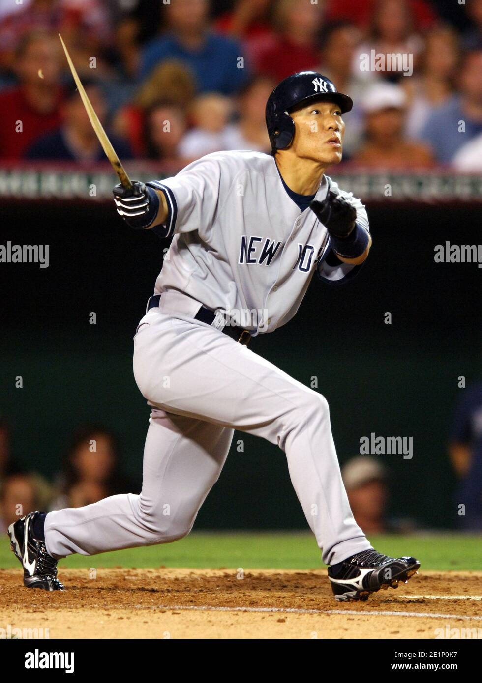 Hideki Matsui of the New York Yankees shatters bats during 8-6 loss to the Los Angeles Angels of Anaheim at Angel Stadium in Anaheim, Calif. on Saturd Stock Photo