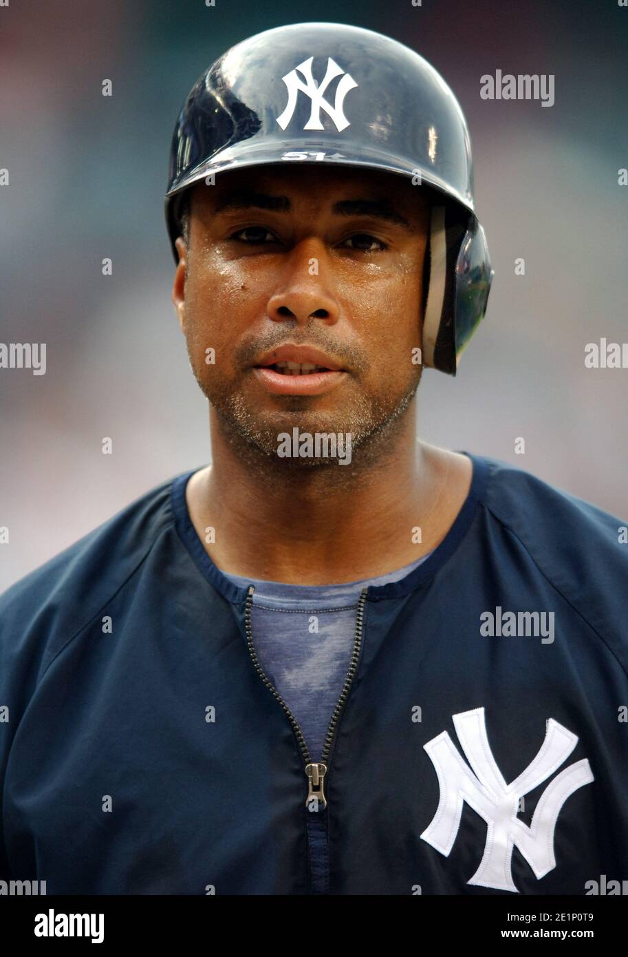 Bernie Williams of the New York Yankees during batting practice before game against the Los Angeles Angels of Anaheim at Angel Stadium in Anaheim, Cal Stock Photo