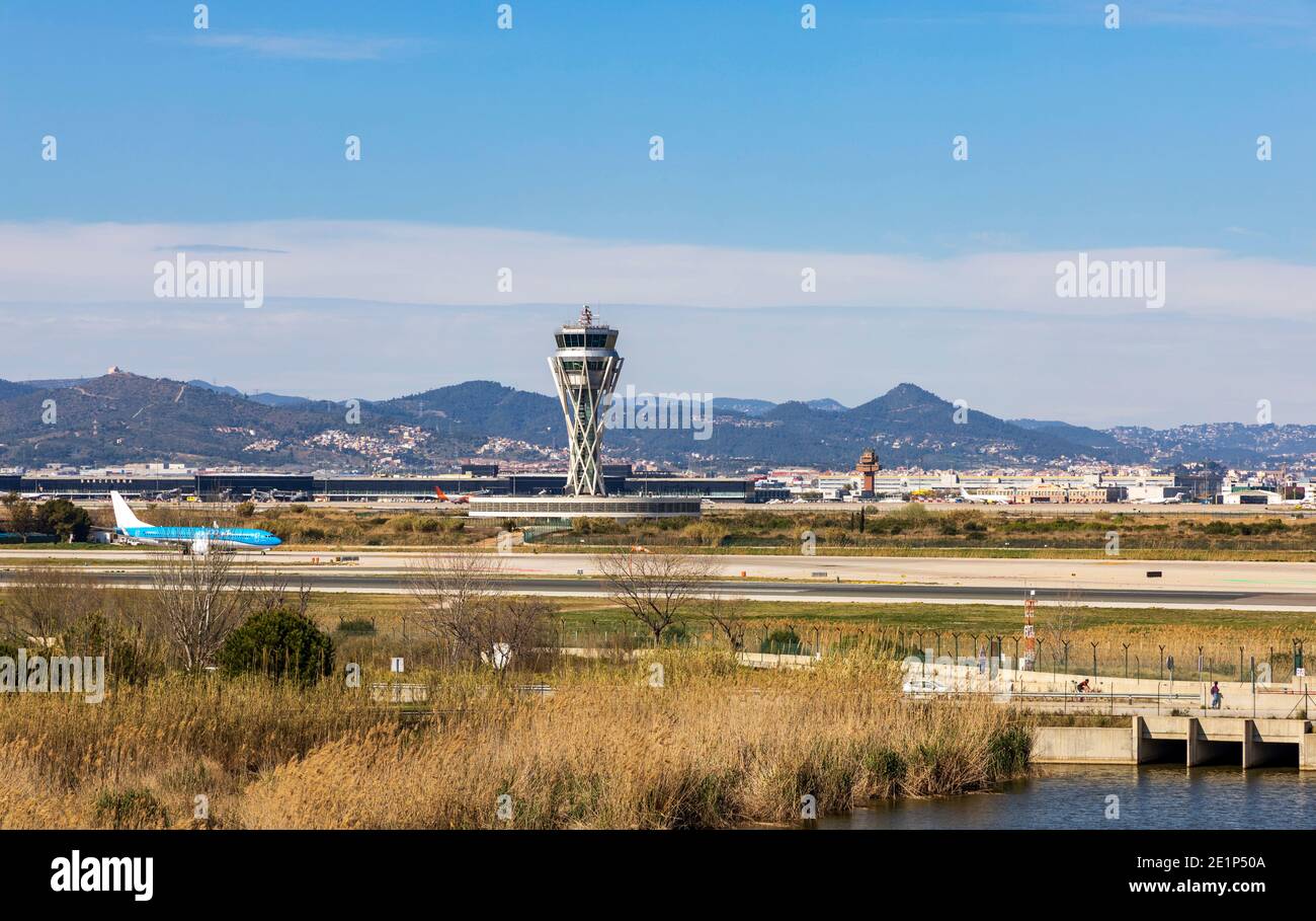 Landing strip at Barcelona airport with planes on the runway Stock