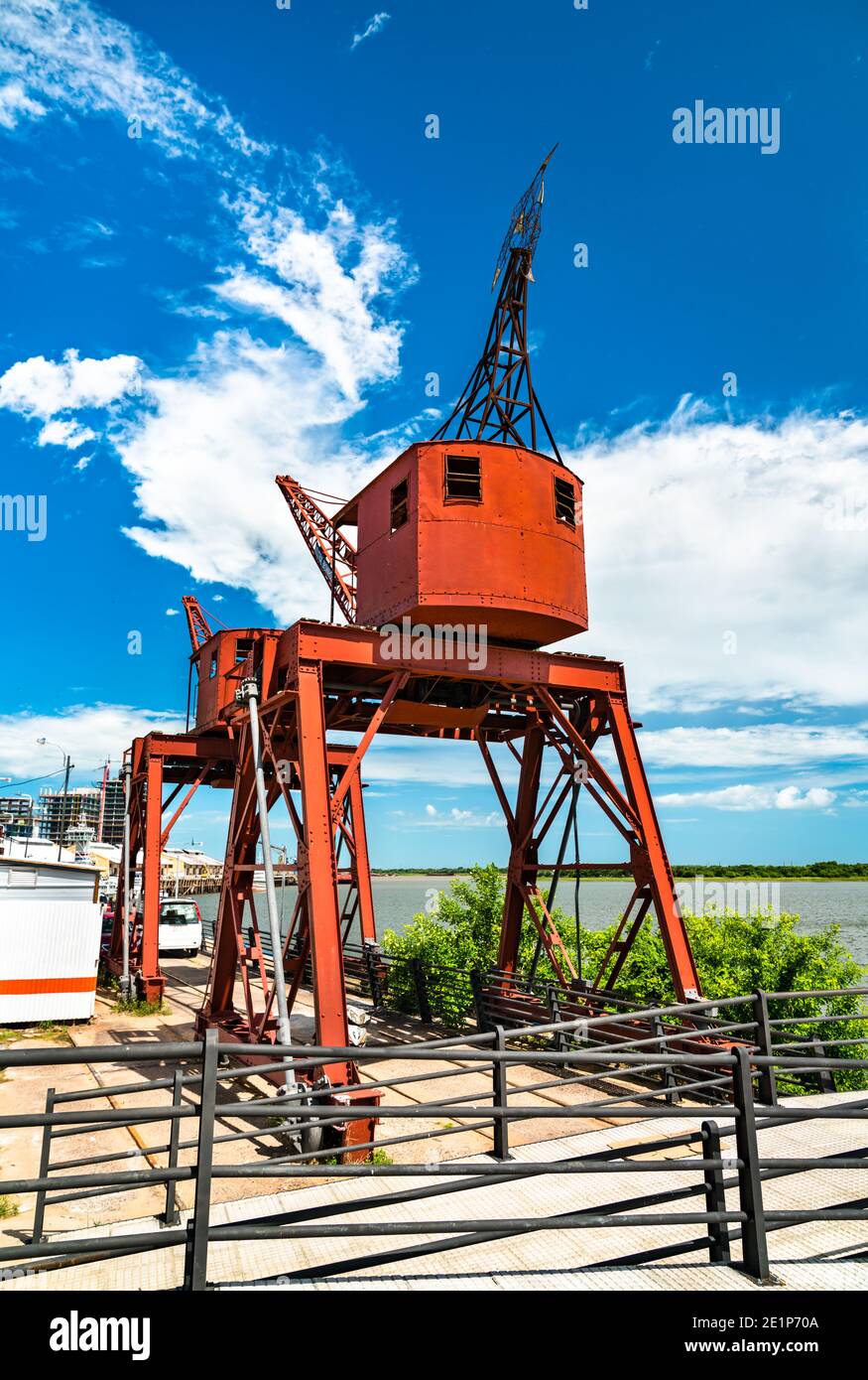 Two cranes at Asuncion river port in Paraguay Stock Photo