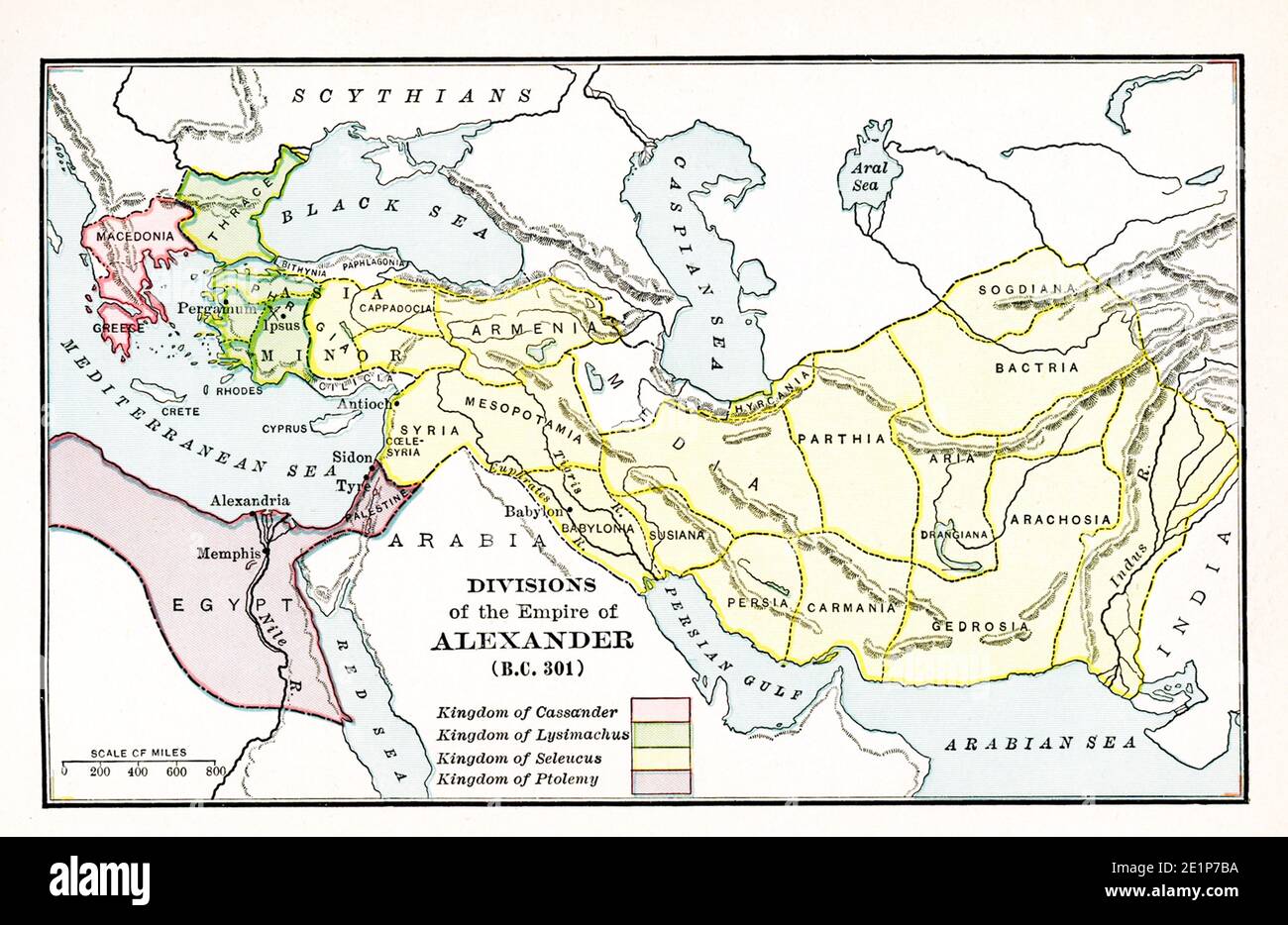 Map of the Divisions of the Empire of Alexander in BC 301.  The legend reads: Pink: Kingdom of Cassander; Green: Kingdom of Lysimachus; Yellow: Kingdom of Seleucus; Purple: Kingdom of Ptolemy. Alexander the Great fell ill in Babylon on his return to Greece and Macedonia. The year was 323 B.C. This map shows the divisions of Alexander’s empire among the diadochoi (successors)  at the time of his death. Stock Photo