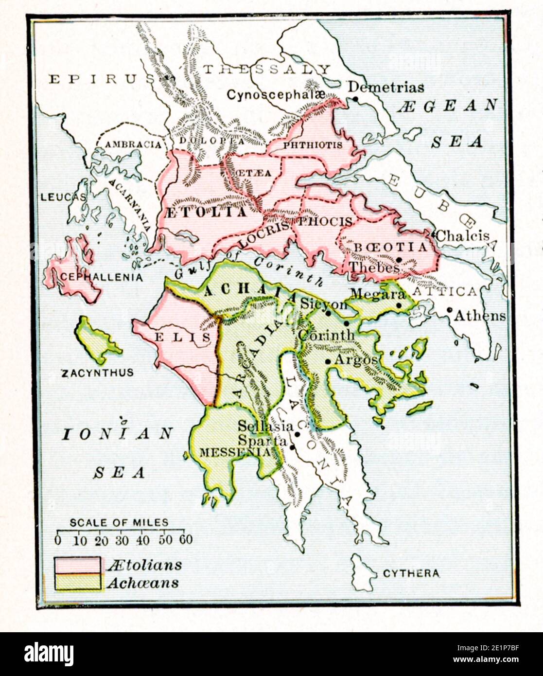 This map shows The Aetolian and Achaean Leagues about 229 BC.  The legend reads: Pink: Aetolians; Green: Achaeans Stock Photo