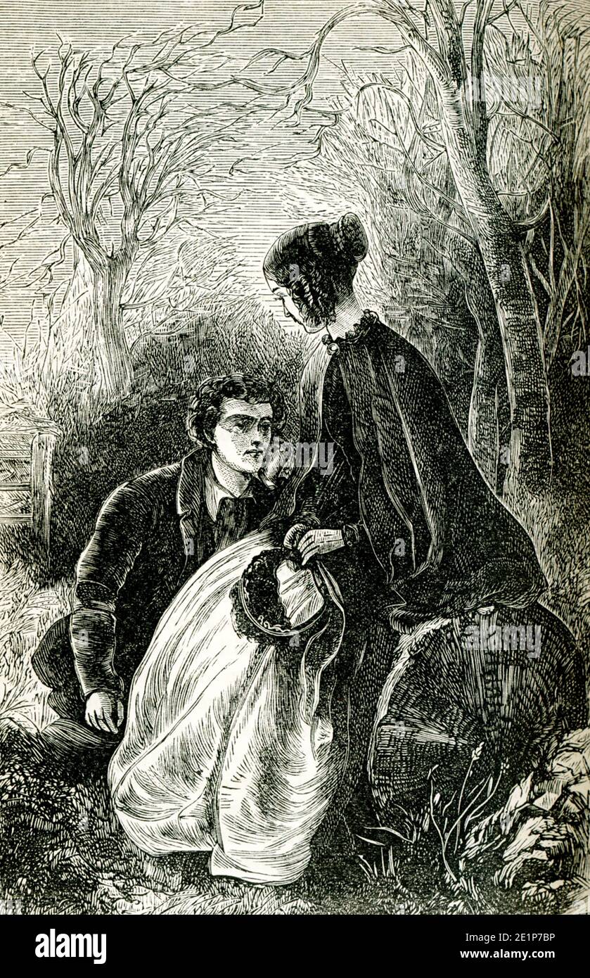 The caption for this late 1800s illustration from the novel Felix Holt by George Eliot  reads: “You are very beautiful.” Felix Holt, the Radical (1866) is a social novel written by George Eliot about political disputes in a small English town at the time of the First Reform Act of 1832. In January 1868, Eliot penned an article entitled 'Address to Working Men, by Felix Holt'. Mary Ann Evans (1819-1880), known by her pen name George Eliot, was an English novelist, poet, journalist, translator and one of the leading writers of the Victorian era. She wrote seven novels, Adam Bede, The Mill on the Stock Photo