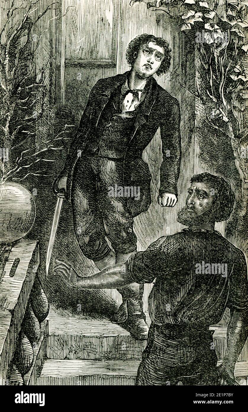 The caption for this late 1800s illustration from the novel Felix Holt by George Eliot  reads: “A bullet whizzed and passed through Felix Holt's Shoulder...Felix fell.” Felix Holt, the Radical (1866) is a social novel written by George Eliot about political disputes in a small English town at the time of the First Reform Act of 1832. In January 1868, Eliot penned an article entitled 'Address to Working Men, by Felix Holt'. Mary Ann Evans (1819-1880), known by her pen name George Eliot, was an English novelist, poet, journalist, translator and one of the leading writers of the Victorian era. Sh Stock Photo
