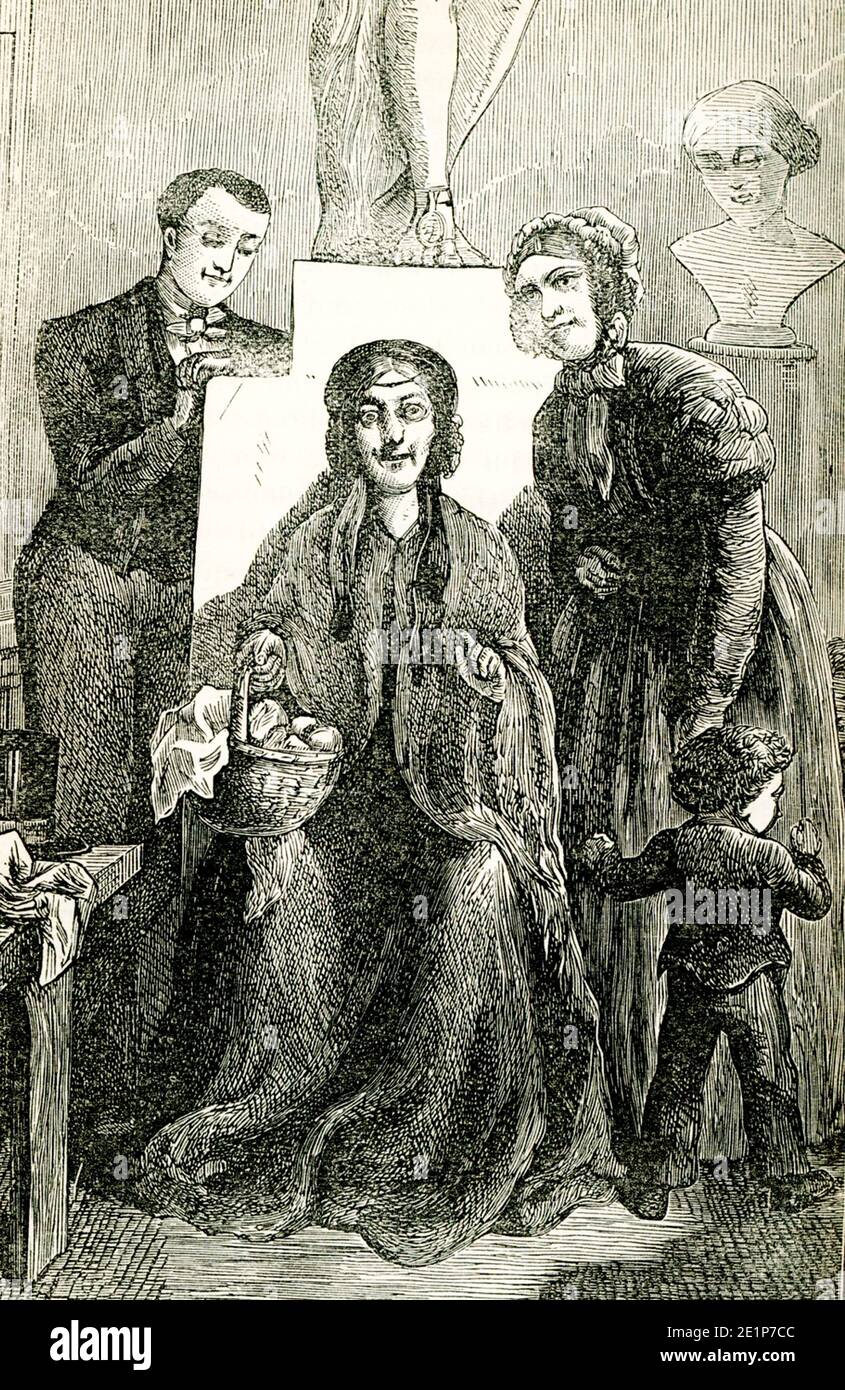 The caption for this late 1800s illustration from the novel Felix Holt by George Eliot  reads: “Mrs Holt sat on a stool, in singular relief against the pedestal of Apollo.” Felix Holt, the Radical (1866) is a social novel written by George Eliot about political disputes in a small English town at the time of the First Reform Act of 1832. In January 1868, Eliot penned an article entitled 'Address to Working Men, by Felix Holt'. Mary Ann Evans (1819-1880), known by her pen name George Eliot, was an English novelist, poet, journalist, translator and one of the leading writers of the Victorian era Stock Photo