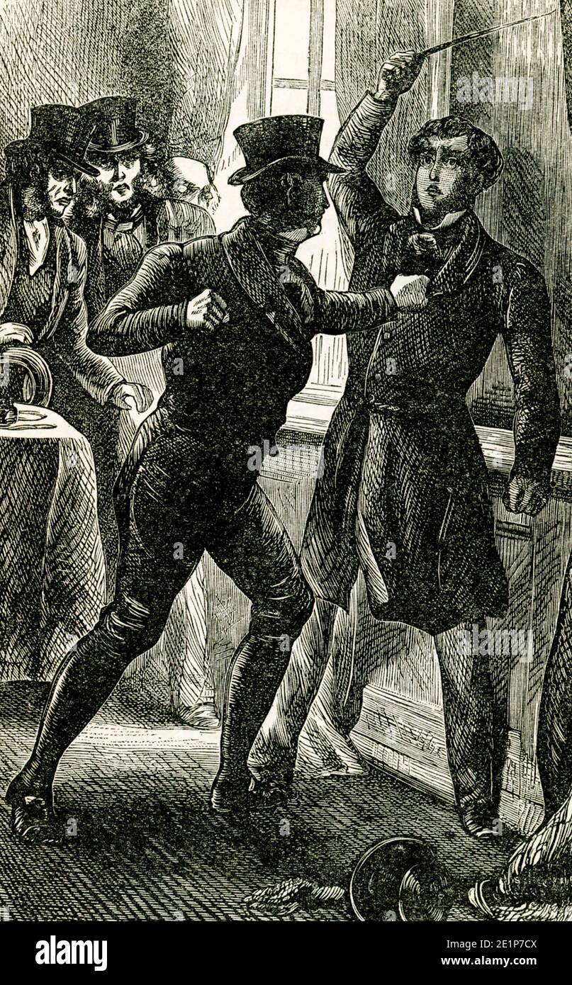 The caption for this late 1800s illustration from the novel Felix Holt by George Eliot  reads: “Let me go, you scoundrel, said Harold fiercely, or I'll be the death of you.” Felix Holt, the Radical (1866) is a social novel written by George Eliot about political disputes in a small English town at the time of the First Reform Act of 1832. In January 1868, Eliot penned an article entitled 'Address to Working Men, by Felix Holt'. Mary Ann Evans (1819-1880), known by her pen name George Eliot, was an English novelist, poet, journalist, translator and one of the leading writers of the Victorian er Stock Photo