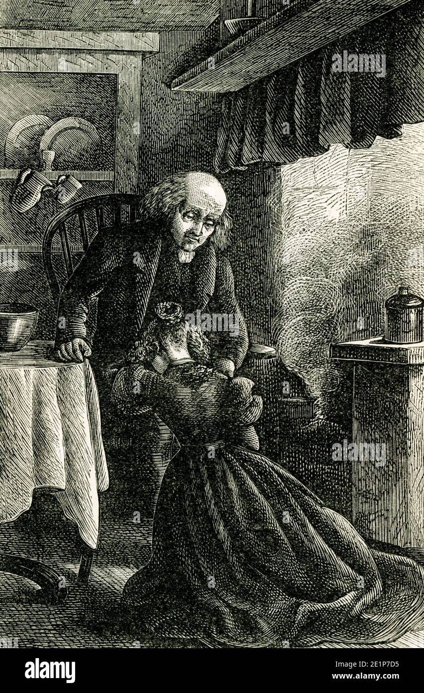 The caption for this late 1800s illustration from the novel Felix Holt by George Eliot  reads: “Father, I have not been good to you but I will be I will be, said Esther laying her head on his knee.” Felix Holt, the Radical (1866) is a social novel written by George Eliot about political disputes in a small English town at the time of the First Reform Act of 1832. In January 1868, Eliot penned an article entitled 'Address to Working Men, by Felix Holt'. Mary Ann Evans (1819-1880), known by her pen name George Eliot, was an English novelist, poet, journalist, translator and one of the leading wr Stock Photo
