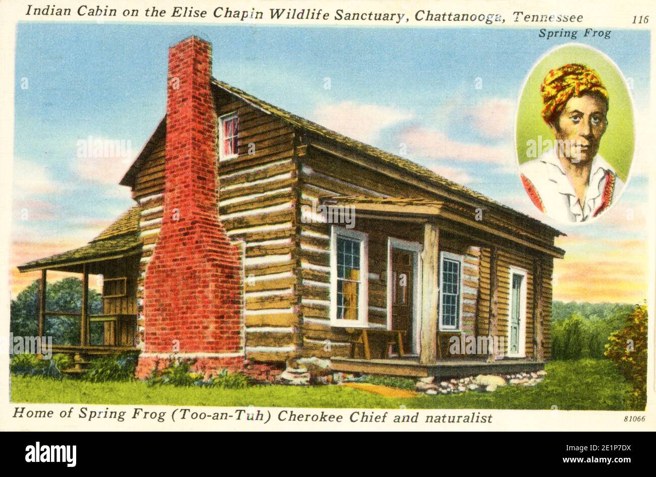 Indian Cabin on the Elise Chapin Wildlife Sanctuary, Chattanooga, Tennessee - Home of Spring Frog (Too-an-Tuh) Cherokee Chief and Naturalist. The cabin was built by Indians about the year 1748. It was the old home of Spring Frog, Cherokee naturalist and sportsman. He was born in 1754. It is claimed to be the only cabin left in Tennessee built by Indians and stands on the Elise Chapin Wildlife Sanctuary, operated by the Chattanooga Audubon Society. It may be reached by Atlanta Highway U.S.41, or the east Brainerd Road Stock Photo