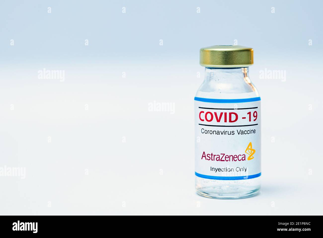 Bottle of coronavirus vaccine with the Astra Zeneca logo. Stock Photo