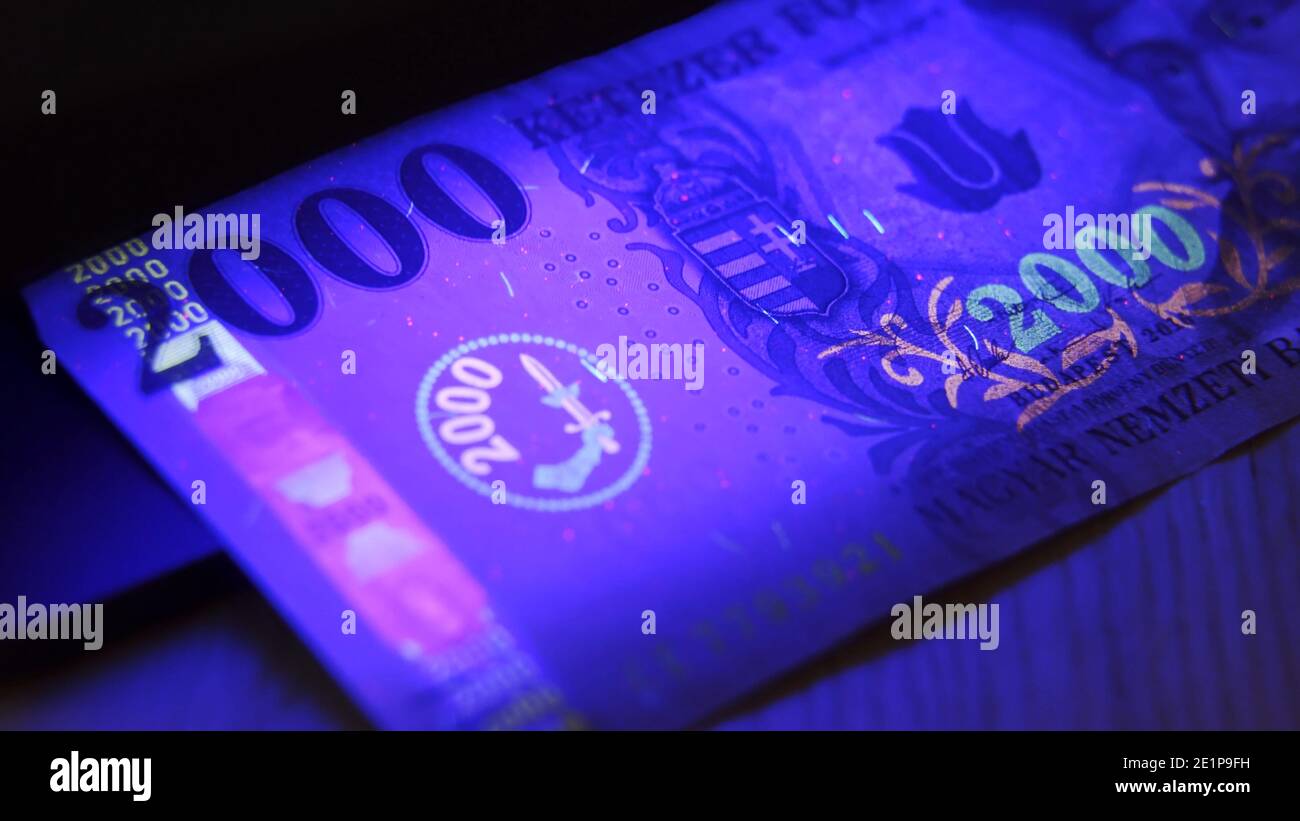Warsaw, Poland 01.01.2021 2000 hungarian forint banknote being tested for counterfeiting under the UV lamp. anti-counterfeiting technology used to prevent fraud and money malversation. High quality photo Stock Photo