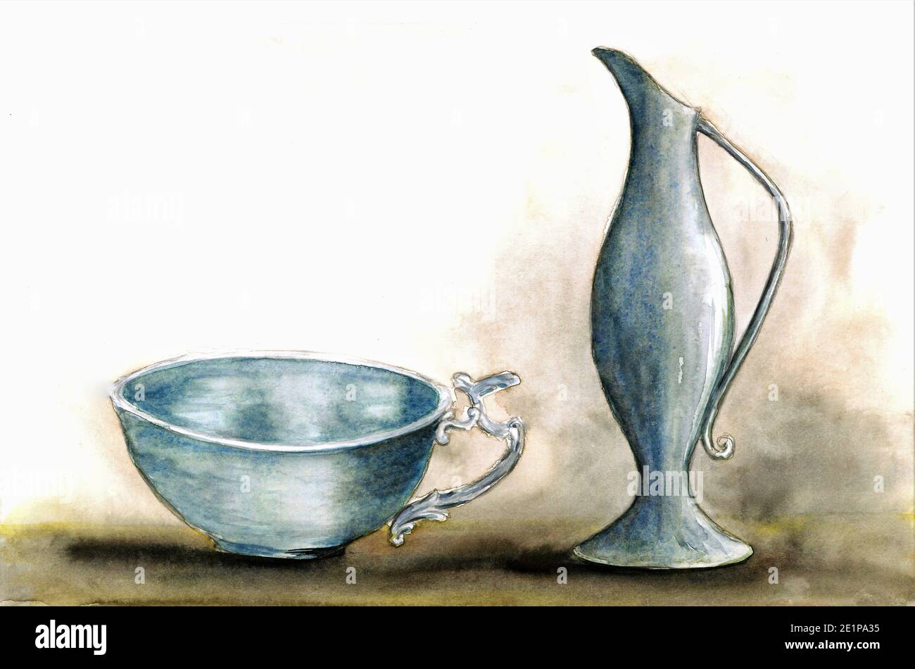 Watercolor painting. Silver objects. Metal bowl and metal jug. Painted