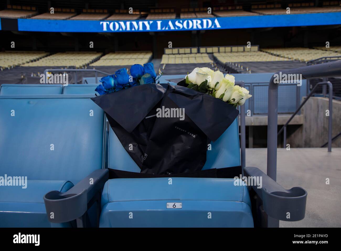 Los Angeles, USA. 08th Jan, 2021. Dodger Stadium tribute to Los Angeles Dodger legend Tommy Lasorda. His number two was painted on the field and light up during the evening. Tommy Lasorda died of heart attack. He was 93 years old. 1/8/2021 Los Angeles, CA USA (Photo by Ted Soqui/SIPA USA) Credit: Sipa USA/Alamy Live News Stock Photo