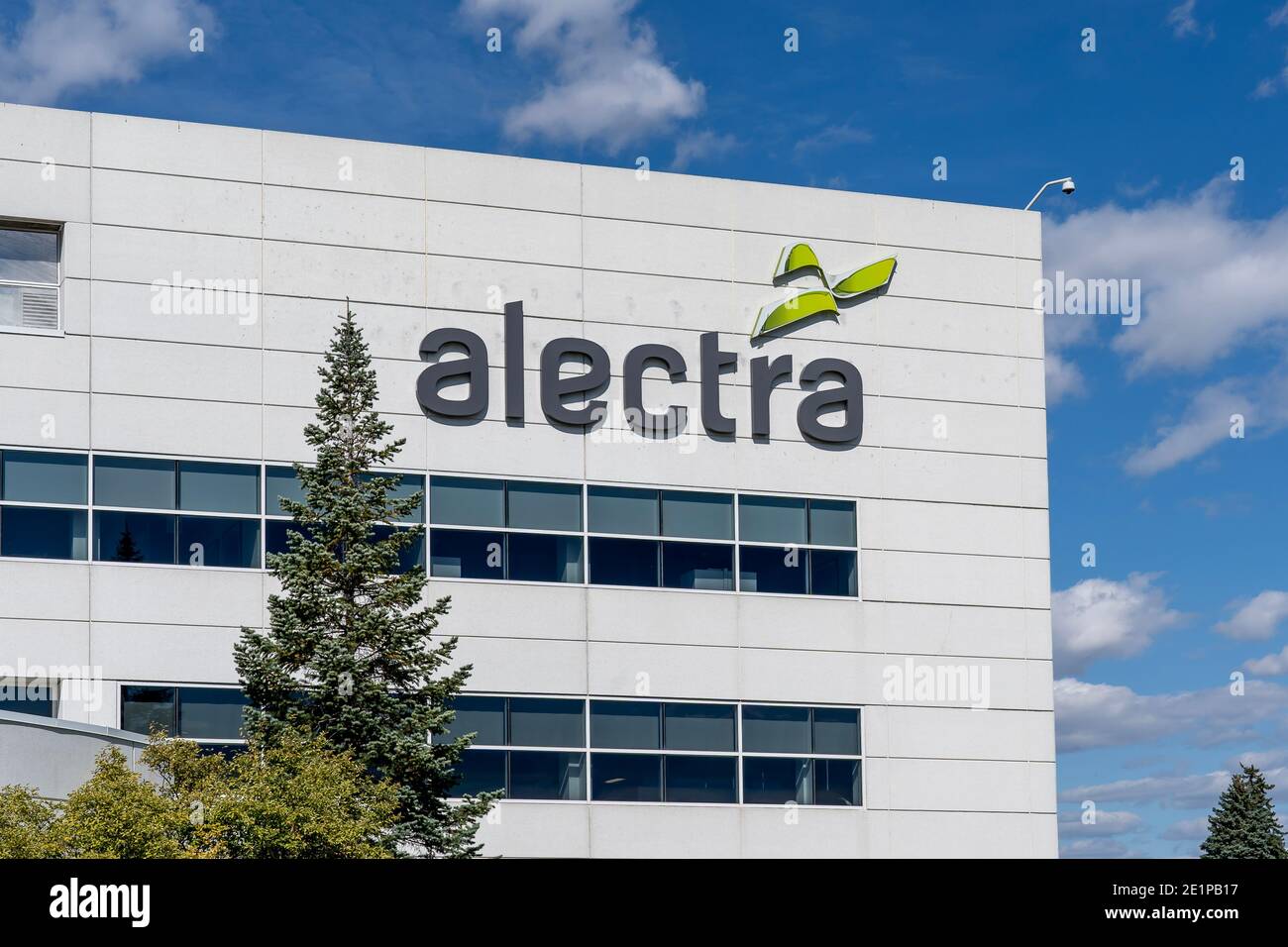 Brampton, On, Canada - September 19, 2020: Close up of Alectra sign on building in Brampton, On, Canada on September 19, 2020. Stock Photo
