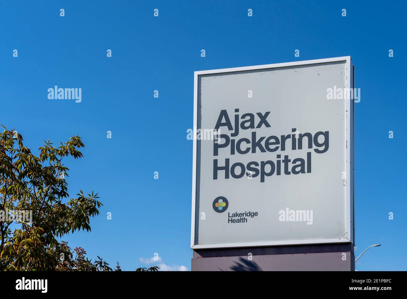 Ajax, On, Canada - September 20, 2020: Ajax Pickering Hospital sign is seen in  Ajax, On, Canada. Stock Photo