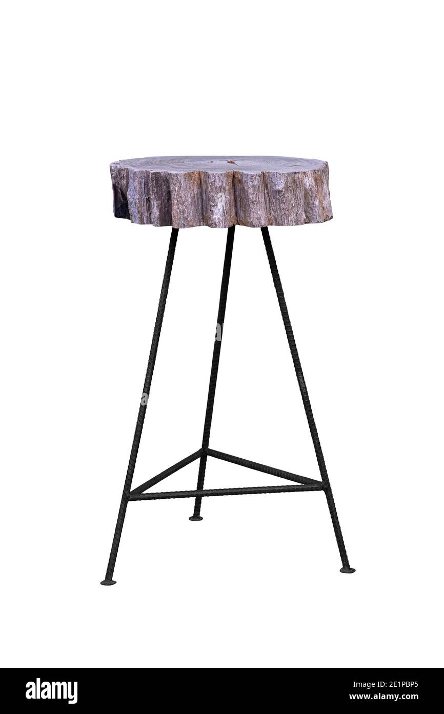 Wooden with steel legs simplistic bar chair isolated on white backgrounds, work with path. Stock Photo