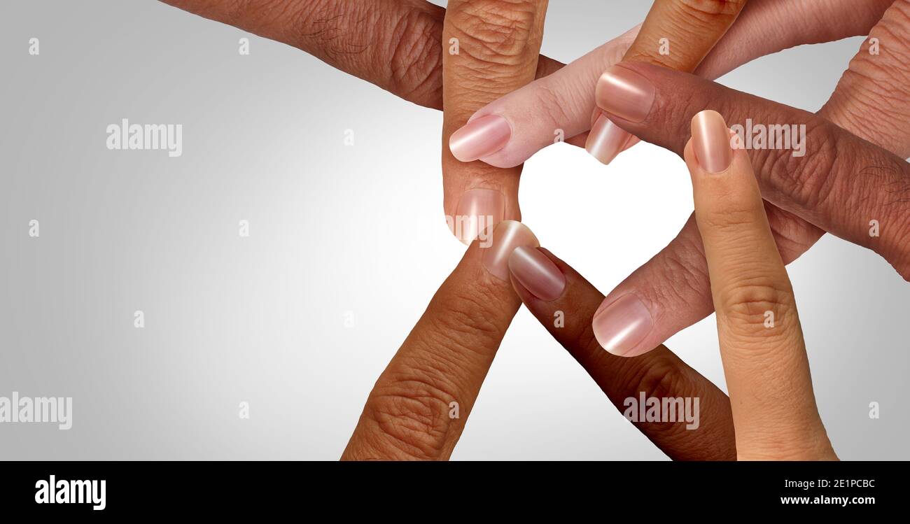 United together or unity and diversity partnership as heart hands and fingers in a group of diverse people connected shaped as a support symbol. Stock Photo