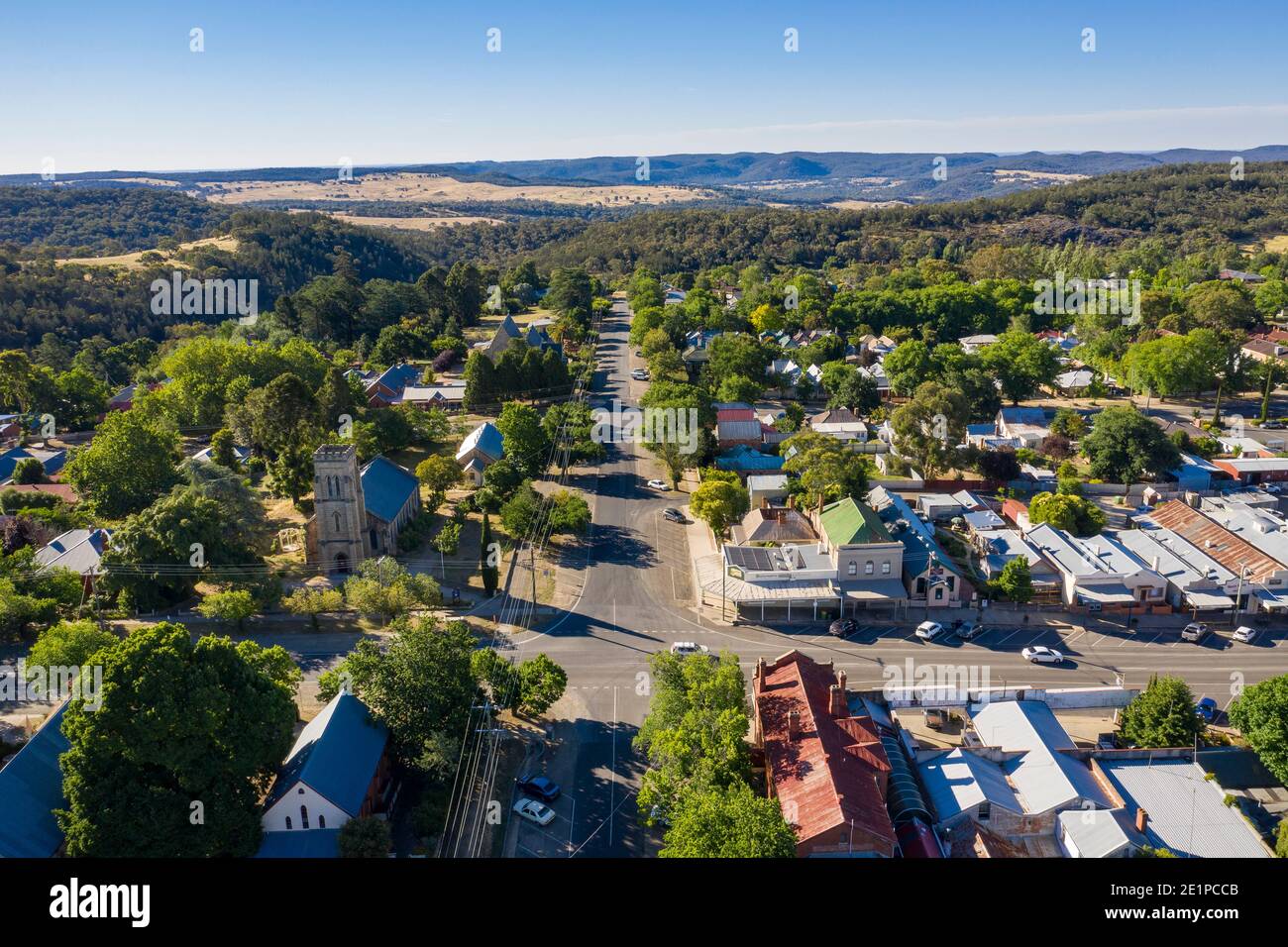 Aerial view of Ford and Church streets in Beechworth, Victoria, Australia Stock Photo