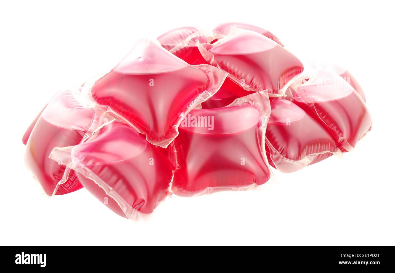 Laundry washing detergent sachets isolated on a white background Stock