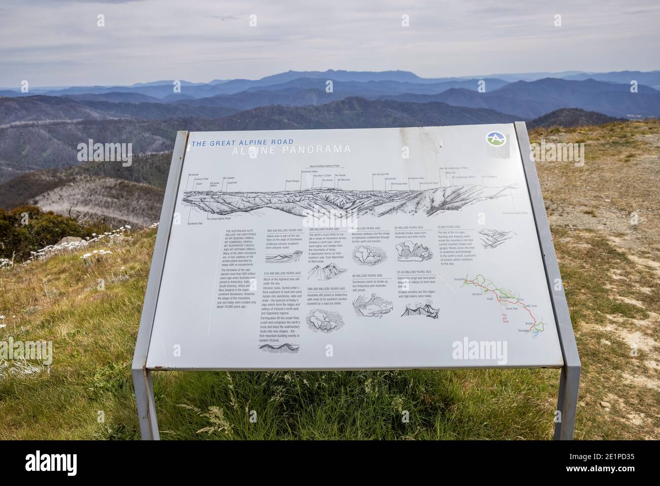 Sign from a lookout on the Great Alpine Road in the Victorian high country, Australia Stock Photo