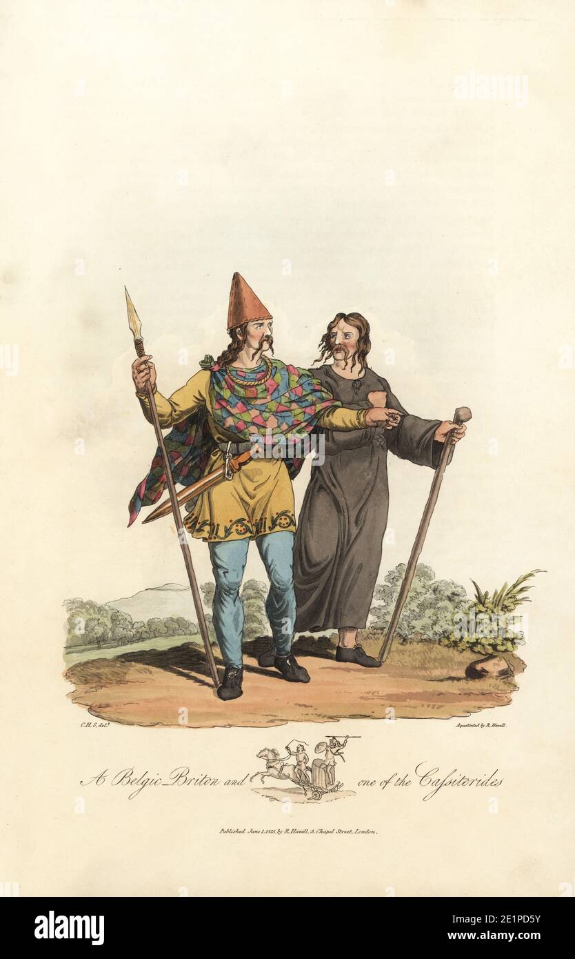 Belgic Briton and one of the Cassiterides of Cornwall from the pre-Roman era. Briton in checkered saic (mantle) over a pais (tunic) and llawdyr (pantaloons) and brog (shoes). The Cassiterides wears a long tunic and carries a staff. They stand in front of the entrenchment of Caer Morus. Handcoloured aquatint by R. Havell from an illustration by Charles Hamilton Smith from Samuel Meyrick's Costume of the Original Inhabitants of the British Islands, London, 1821. Stock Photo