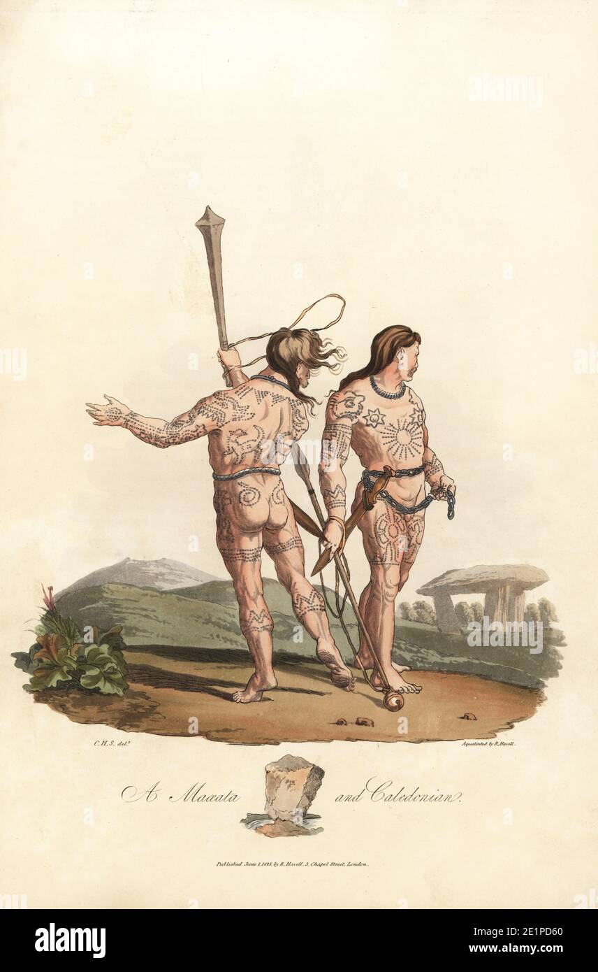 Maaeata and Caledonian men, inhabitants of the plains and forests of North Britain, pre-Roman era. The Catini man on the left carries a cat, a club with four spikes. The Caledonian holds an aseth (spear). Both are covered in blue woad tattoos. Handcoloured aquatint by R. Havell from an illustration by Charles Hamilton Smith from Samuel Meyrick's Costume of the Original Inhabitants of the British Islands, London, 1821. Stock Photo