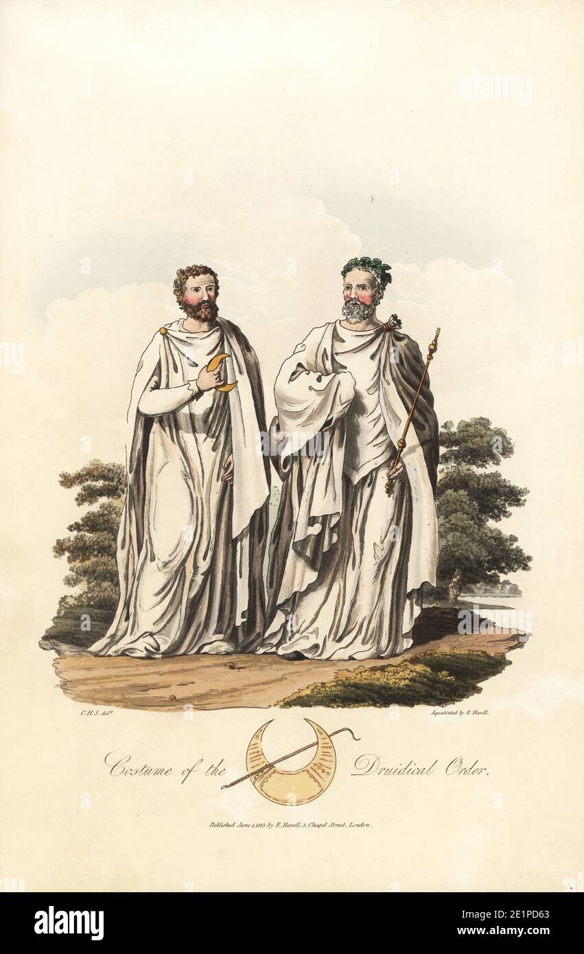 Costume of the Druidical Order, pre-Roman era. Arch-Druid in garland of oak leaves, and Druid holding a Cornan, a symbol of a festival. Handcoloured aquatint by R. Havell from an illustration by Charles Hamilton Smith from Samuel Meyrick's Costume of the Original Inhabitants of the British Islands, London, 1821. Stock Photo