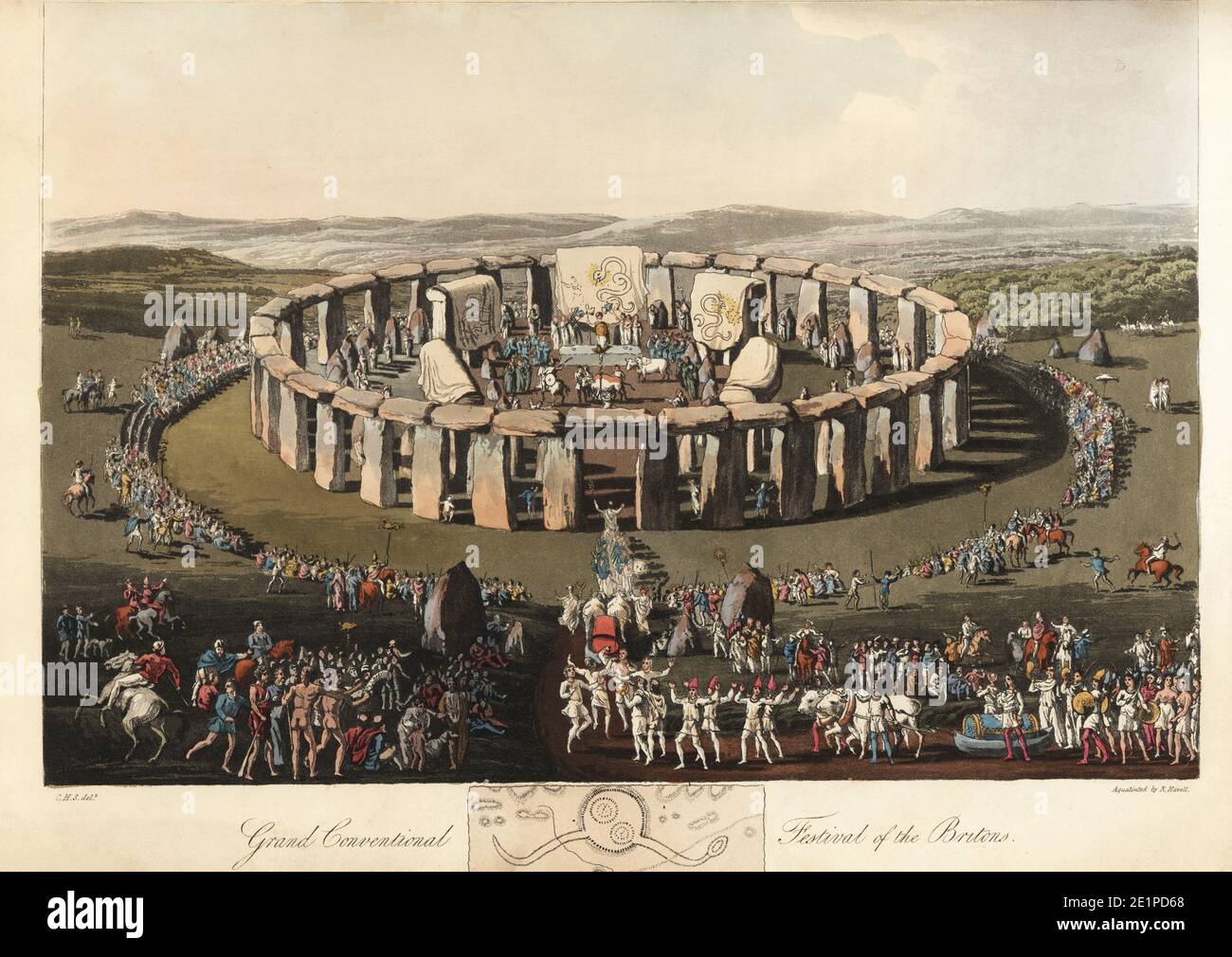 Grand Conventional Festival of the Britons at Stonehenge, pre-Roman era. Druidic Helio-arkite ceremony on May eve, the stones covered with veils depicting the dragon king. Handcoloured aquatint by R. Havell from an illustration by Charles Hamilton Smith from Samuel Meyrick's Costume of the Original Inhabitants of the British Islands, London, 1821. Stock Photo