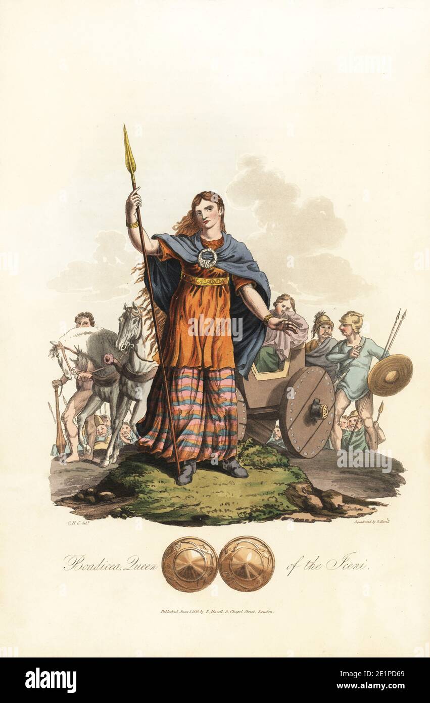 Boadicea, Queen of the Iceni, Roman era. She wears a gwn (tunic) over a long pais (petticoat), a cloak, fibula (brooch), bracelets, and holds a lance. In the background are warrior Britons and one of her daughters in the petoritum (chariot). Handcoloured aquatint by R. Havell from an illustration by Charles Hamilton Smith from Samuel Meyrick's Costume of the Original Inhabitants of the British Islands, London, 1821. Stock Photo