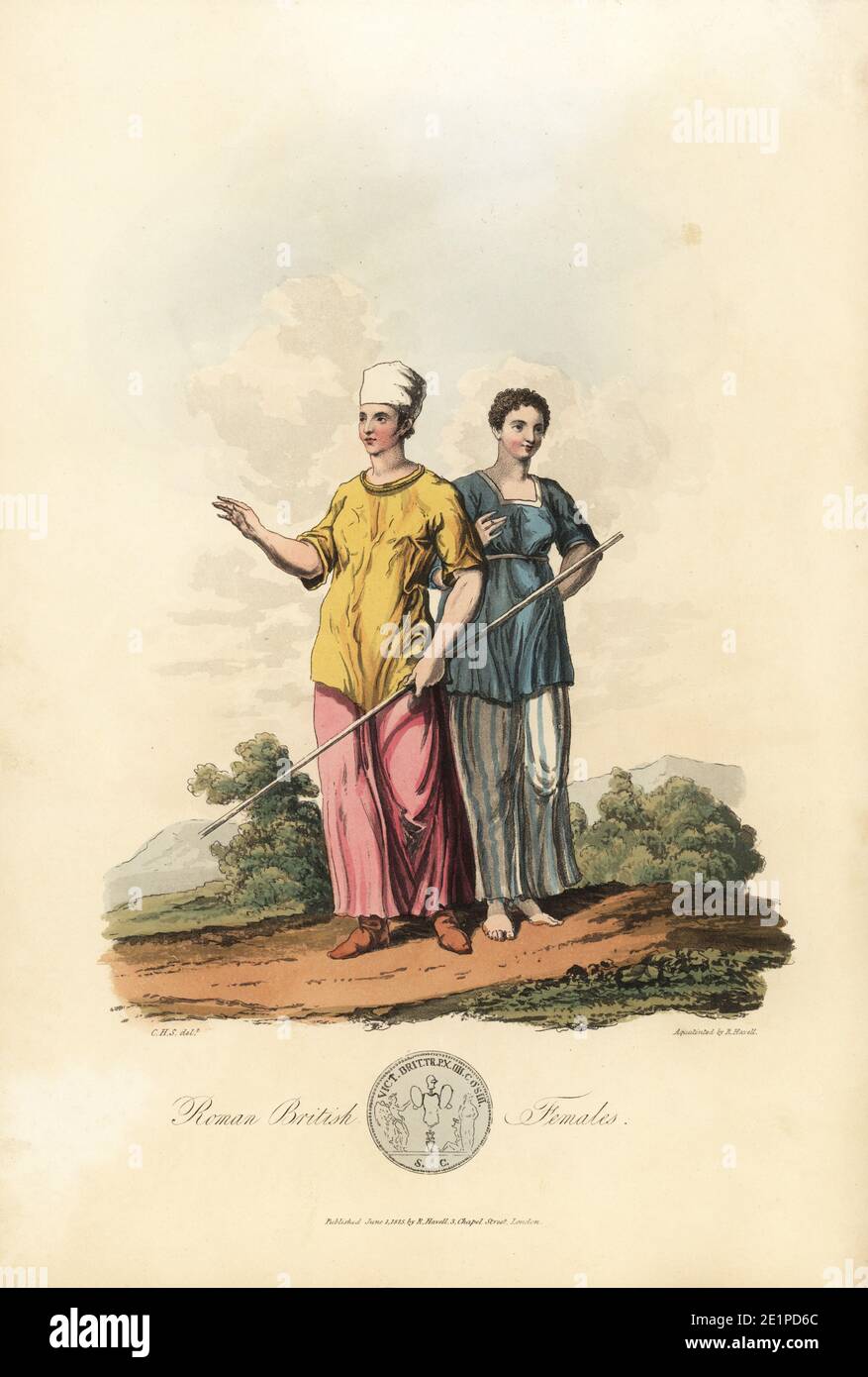 Roman British Females. They both wear the gwn (tunic) in the Roman style over the pais (petticoat). Handcoloured aquatint by R. Havell from an illustration by Charles Hamilton Smith from Samuel Meyrick's Costume of the Original Inhabitants of the British Islands, London, 1821. Stock Photo