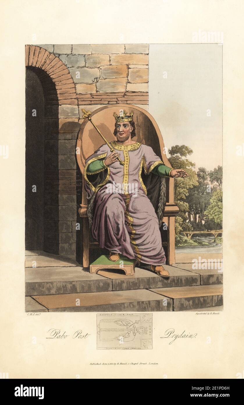Pabo, the Pillar of Britain, son of Arthwys ab Mor, 5th century, wearing a long Dalmatic tunic bordered with fur, decorated with pearl-studded lace. Handcoloured aquatint by R. Havell from an illustration by Charles Hamilton Smith from Samuel Meyrick's Costume of the Original Inhabitants of the British Islands, London, 1821. Stock Photo