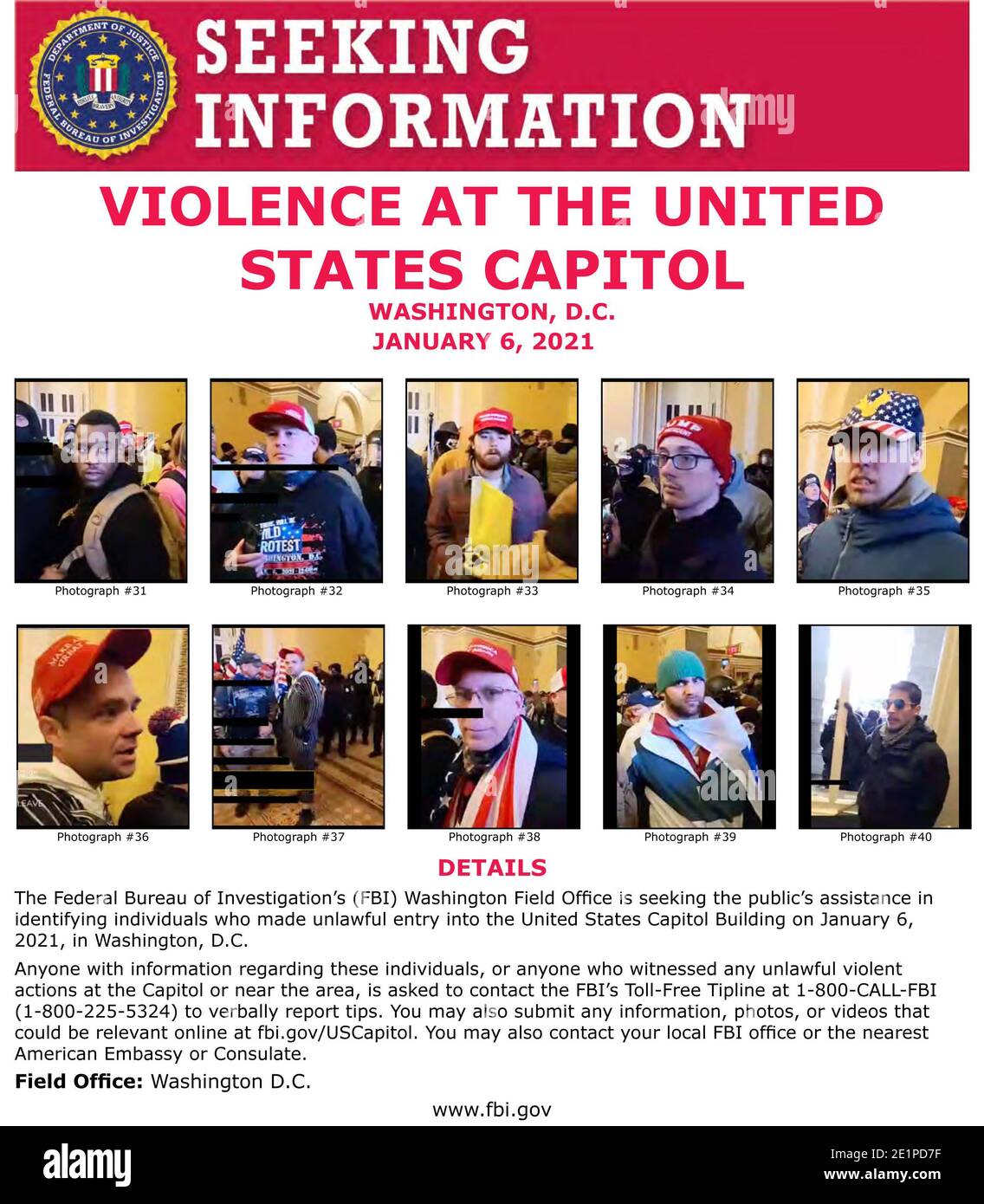 FBI Wanted posters seek to locate select rioters from the storming of the US Capitol. On January 6, 2021, rioters supporting United States President Donald Trump's attempts to overturn the 2020 presidential election stormed the U.S. Capitol. Stock Photo