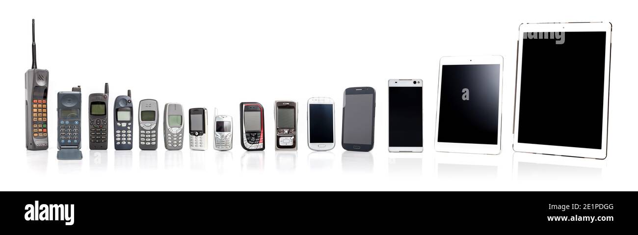Old Mobile Phone from past to present on white background. Stock Photo