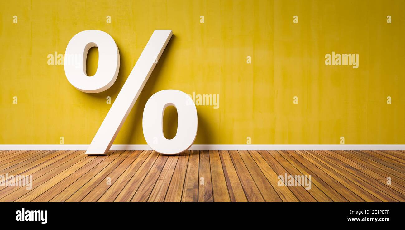 White Percent Sign on Brown Wooden Floor Against yellow Wall - Sale Concept - 3D Illustration Stock Photo
