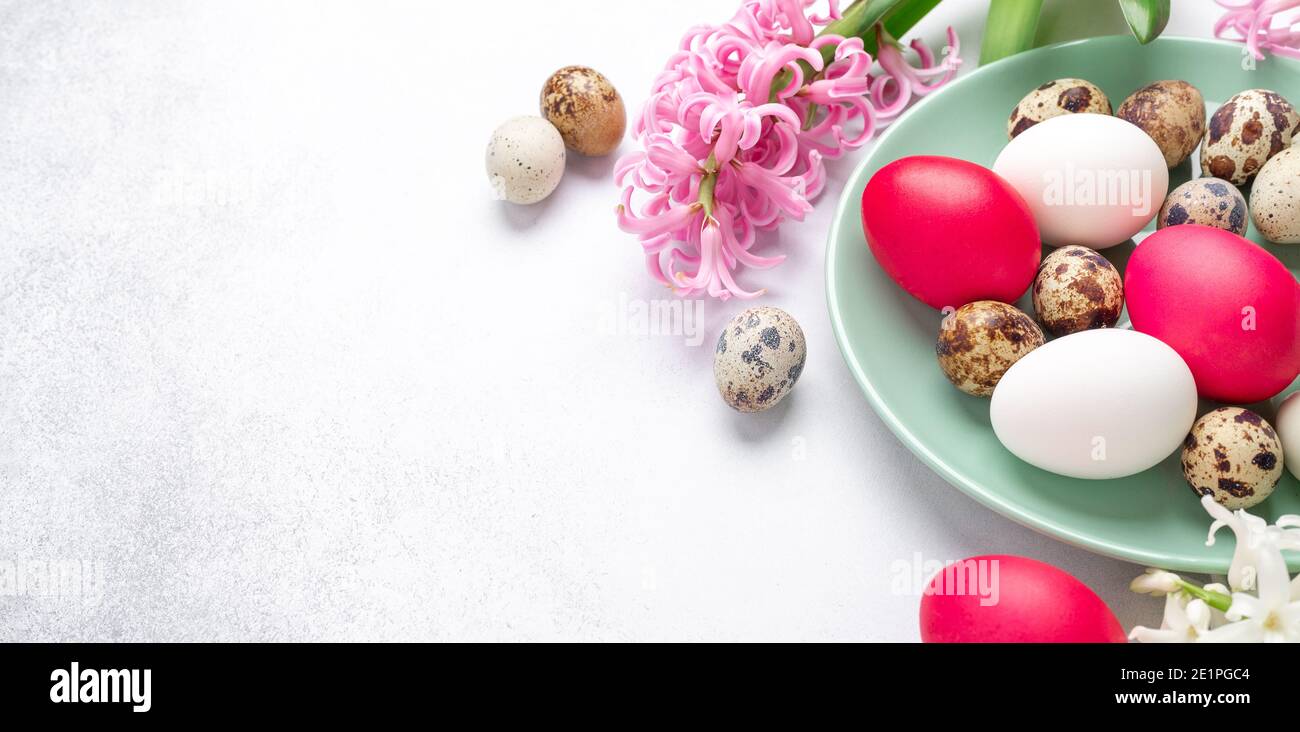 Spring composition. Green mint plate with easter eggs, on stone background. Horizontal banner. Copy space for text - Image Stock Photo