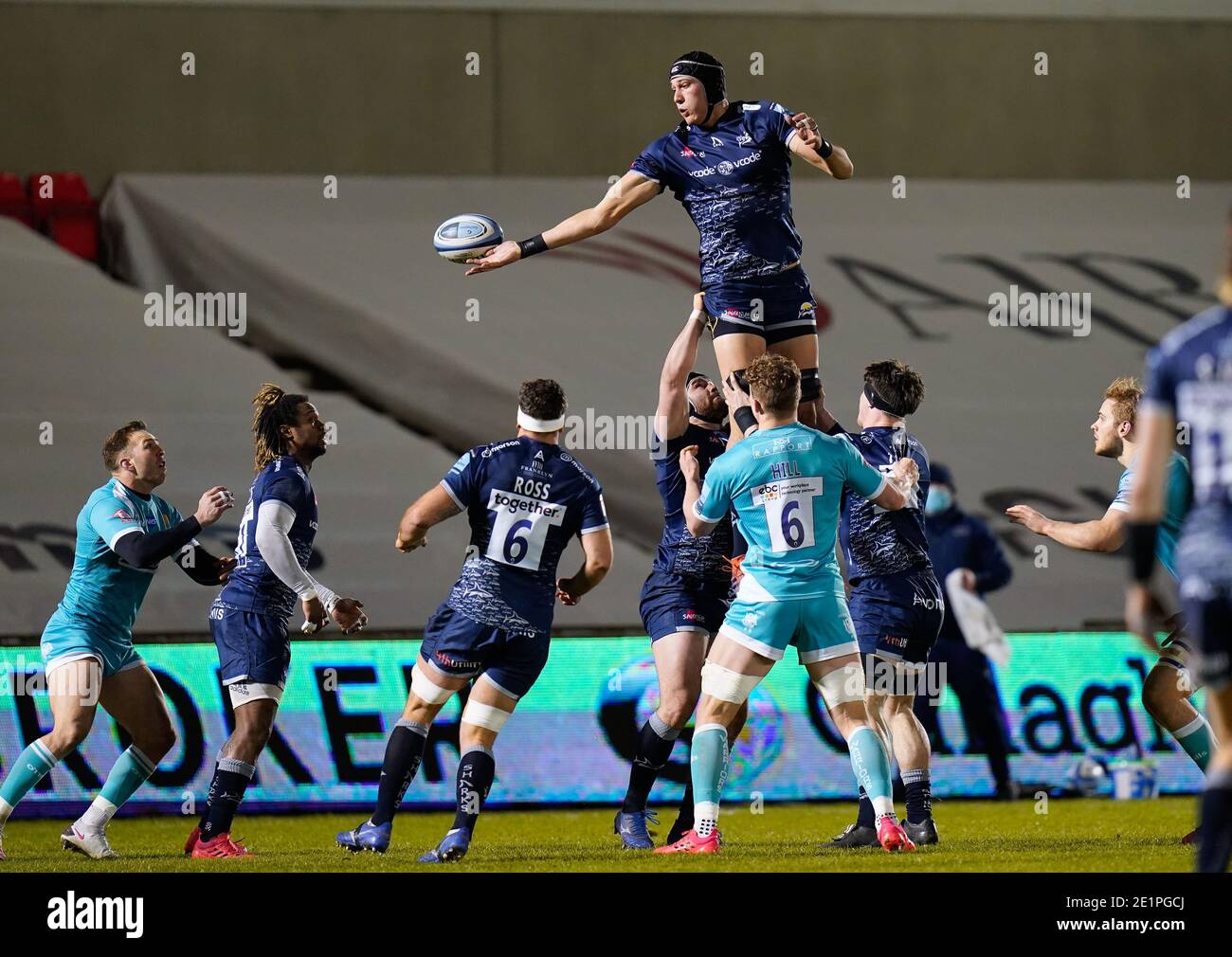 Sale Sharks lock JP Du Preez collects a re-start during the Gallagher Premiership match Sale Sharks -V- Worcester Warriors at The AJ Bell Stadium, Gre Stock Photo