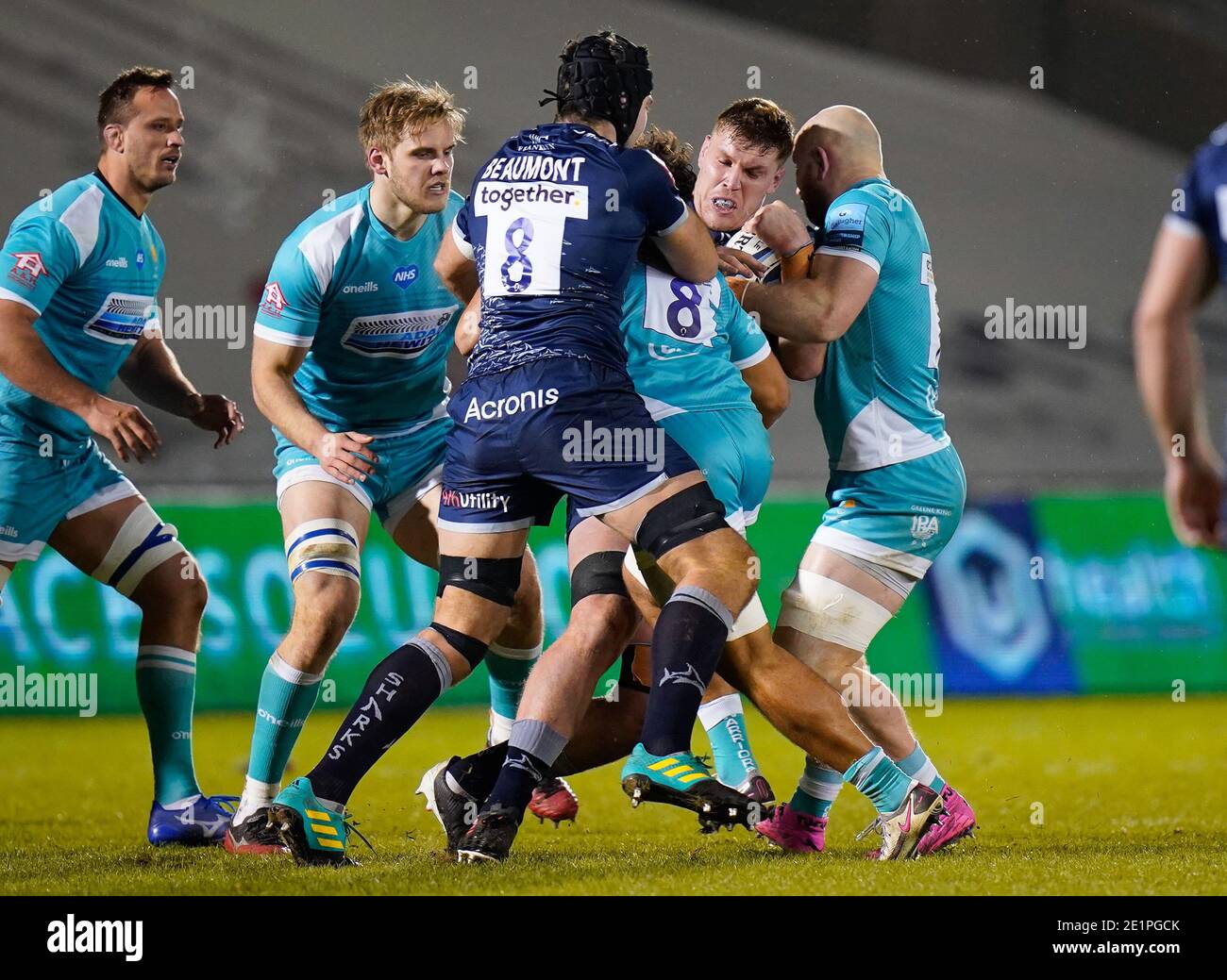 Sale Sharks lock Cobus Wiese collects runs at the Worcester Warriors defence during the Gallagher Premiership match Sale Sharks -V- Worcester Warriors Stock Photo