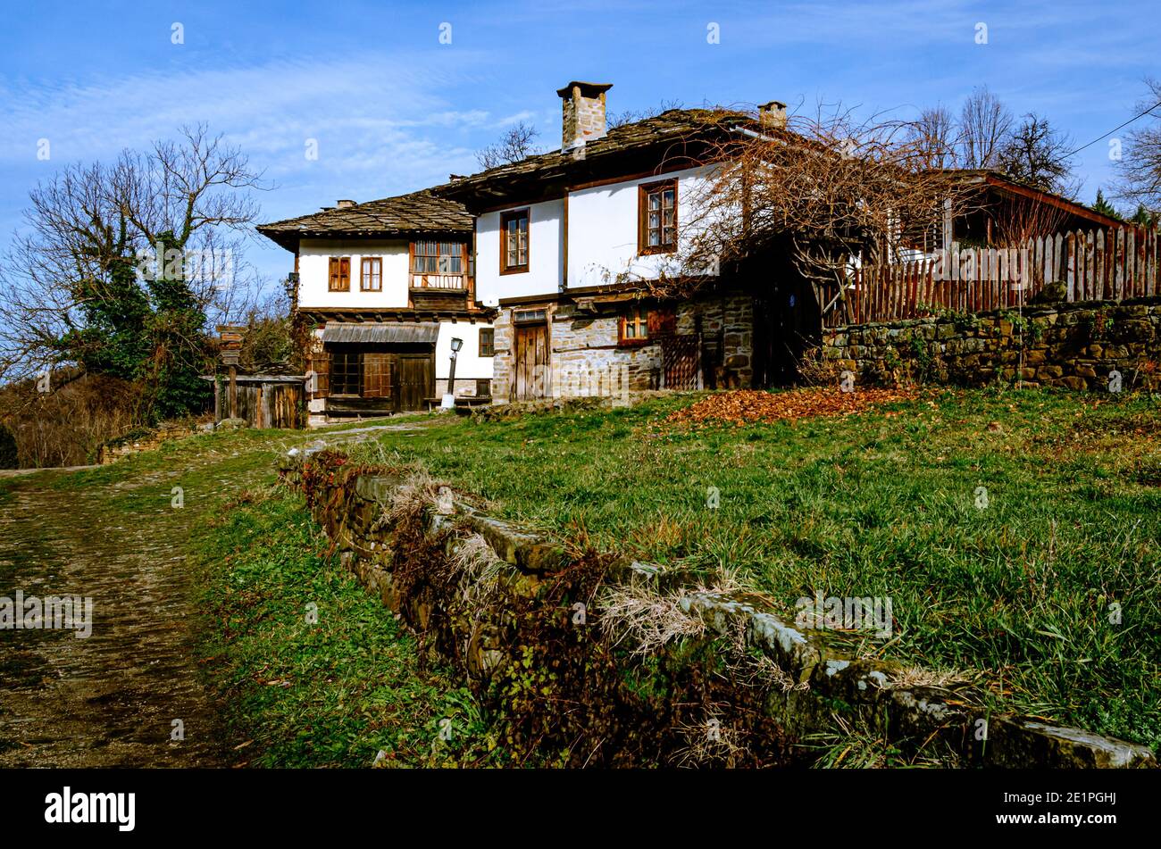 Traditional Bulgarian house in revival village of Bozhentsi during wintertime Stock Photo