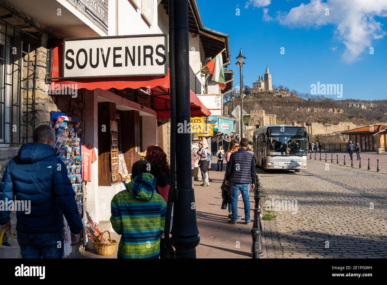 Souvenirs and ticket office for busy visitors to medieval castle of Tsaravets in Veliko Tarnovo on New years day Bulgaria Stock Photo