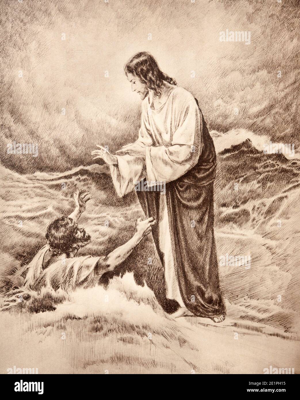 SEBECHLEBY, SLOVAKIA - SEPTEMBER 24, 2011: The lithography of Miracle fishing originaly by unknown artist. Stock Photo