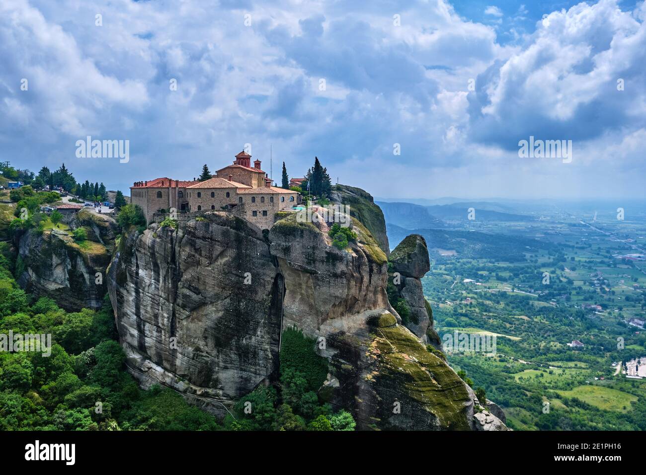 Clifftop Eastern Orthodox nunnery of St Stephen or Agios Stefanos in famous Meteora valley, Greece, UNESCO World Heritage Stock Photo