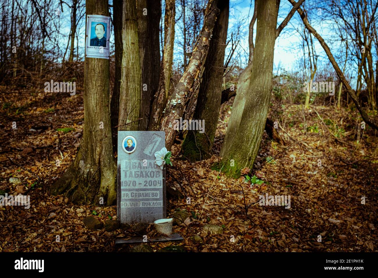 Gravestone marker shrine in a wooded forest in loving memory of death of young man. Stock Photo