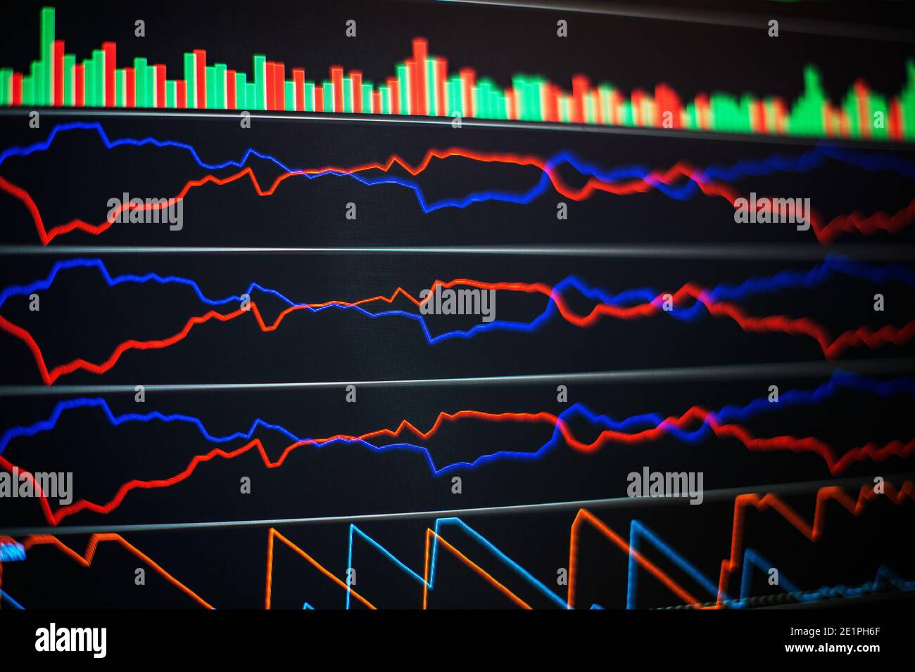 Technical price graph and indicator, red and green candlestick chart on  blue theme screen, market volatility, up and down trend. Stock trading,  crypto Stock Photo - Alamy