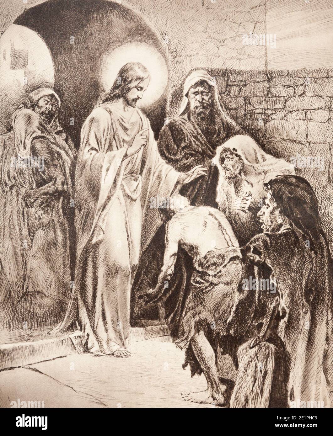 SEBECHLEBY, SLOVAKIA - SEPTEMBER 24, 2011: The lithography of Healed Jesus originaly by unknown artist. Stock Photo